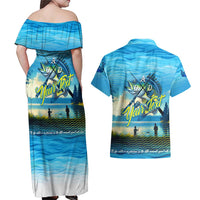 Reel Cool Dad Fishing Couples Matching Off Shoulder Maxi Dress and Hawaiian Shirt Father Hooked on Love and Lakeside Moments