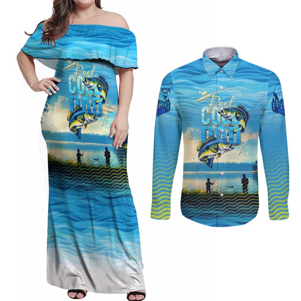 Reel Cool Dad Fishing Couples Matching Off Shoulder Maxi Dress and Long Sleeve Button Shirt Father Hooked on Love and Lakeside Moments