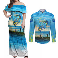 Reel Cool Dad Fishing Couples Matching Off Shoulder Maxi Dress and Long Sleeve Button Shirt Father Hooked on Love and Lakeside Moments