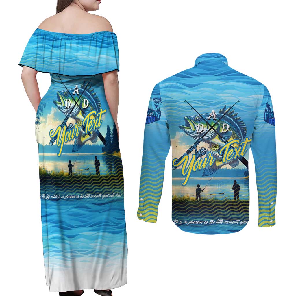 Reel Cool Dad Fishing Couples Matching Off Shoulder Maxi Dress and Long Sleeve Button Shirt Father Hooked on Love and Lakeside Moments
