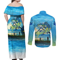 Reel Cool Dad Fishing Couples Matching Off Shoulder Maxi Dress and Long Sleeve Button Shirt Father Hooked on Love and Lakeside Moments