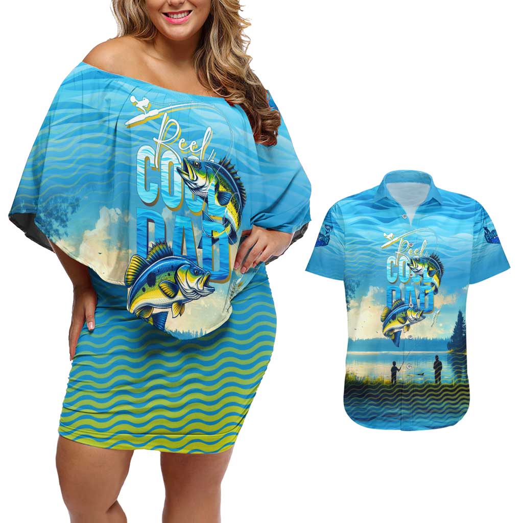 Reel Cool Dad Fishing Couples Matching Off Shoulder Short Dress and Hawaiian Shirt Father Hooked on Love and Lakeside Moments