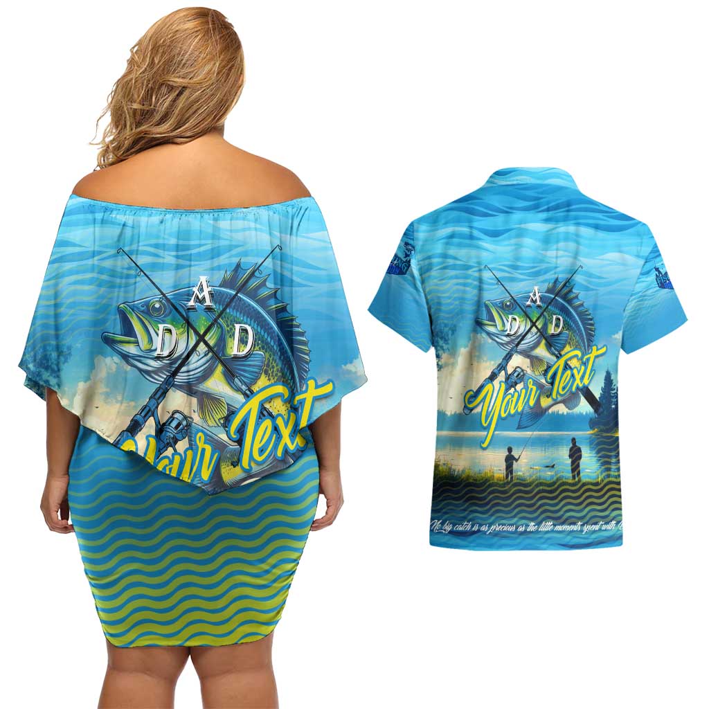 Reel Cool Dad Fishing Couples Matching Off Shoulder Short Dress and Hawaiian Shirt Father Hooked on Love and Lakeside Moments