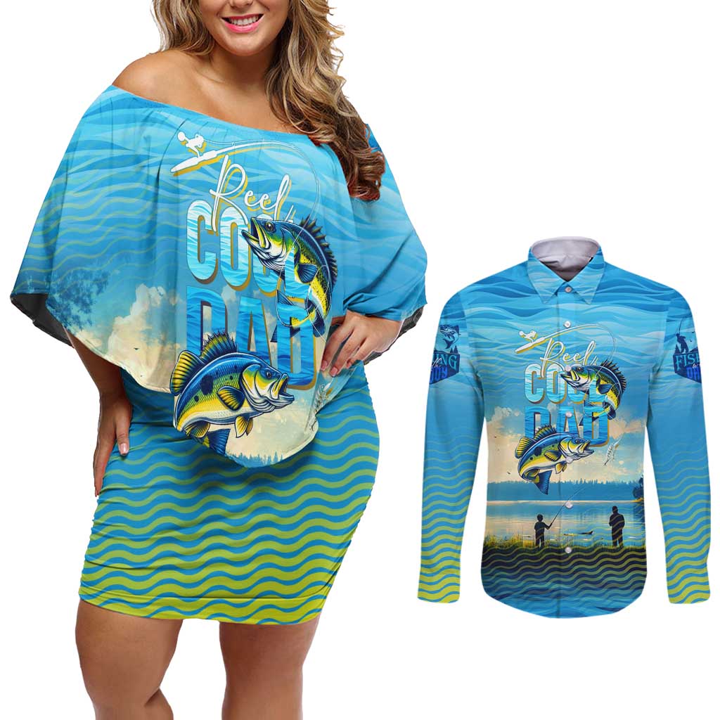 Reel Cool Dad Fishing Couples Matching Off Shoulder Short Dress and Long Sleeve Button Shirt Father Hooked on Love and Lakeside Moments