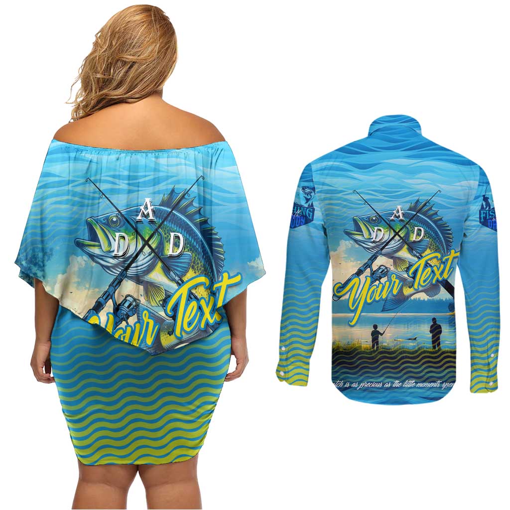 Reel Cool Dad Fishing Couples Matching Off Shoulder Short Dress and Long Sleeve Button Shirt Father Hooked on Love and Lakeside Moments