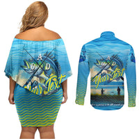 Reel Cool Dad Fishing Couples Matching Off Shoulder Short Dress and Long Sleeve Button Shirt Father Hooked on Love and Lakeside Moments