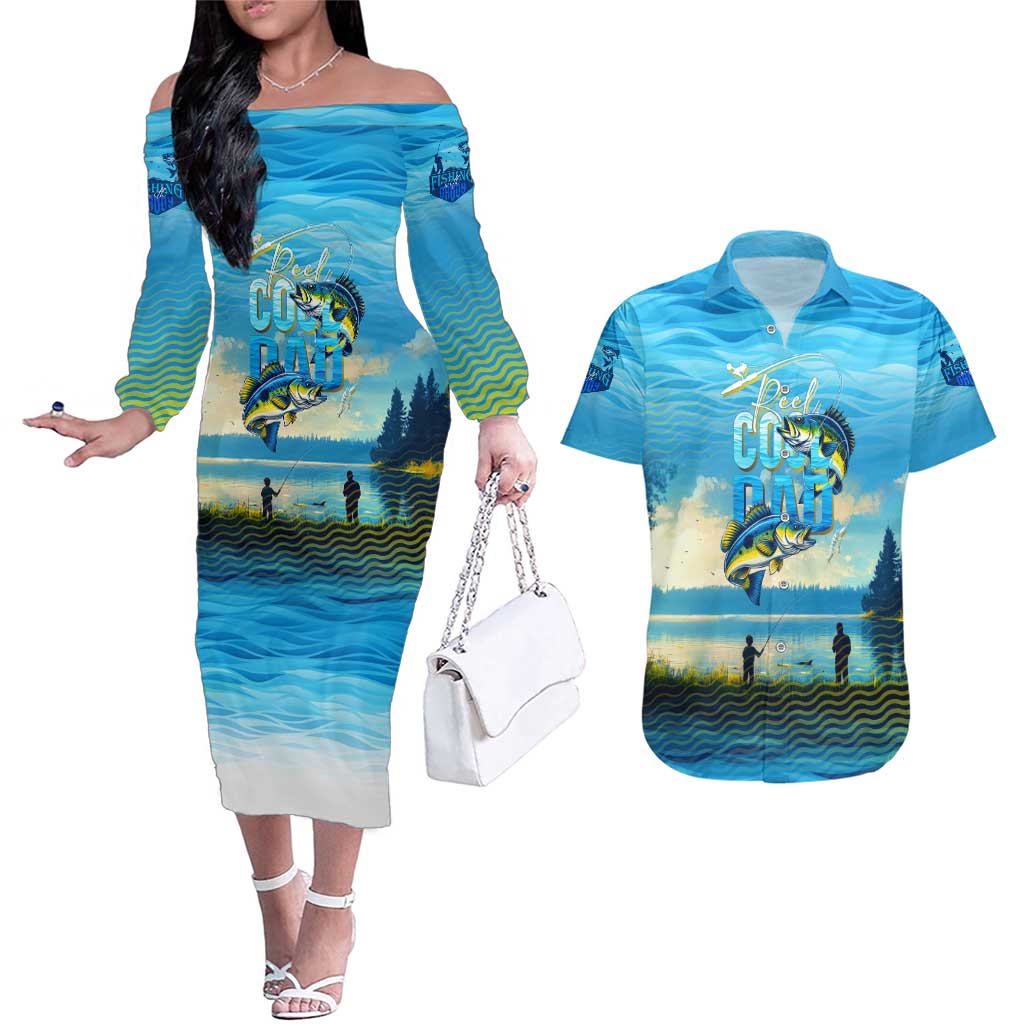 Reel Cool Dad Fishing Couples Matching Off The Shoulder Long Sleeve Dress and Hawaiian Shirt Father Hooked on Love and Lakeside Moments