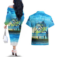 Reel Cool Dad Fishing Couples Matching Off The Shoulder Long Sleeve Dress and Hawaiian Shirt Father Hooked on Love and Lakeside Moments