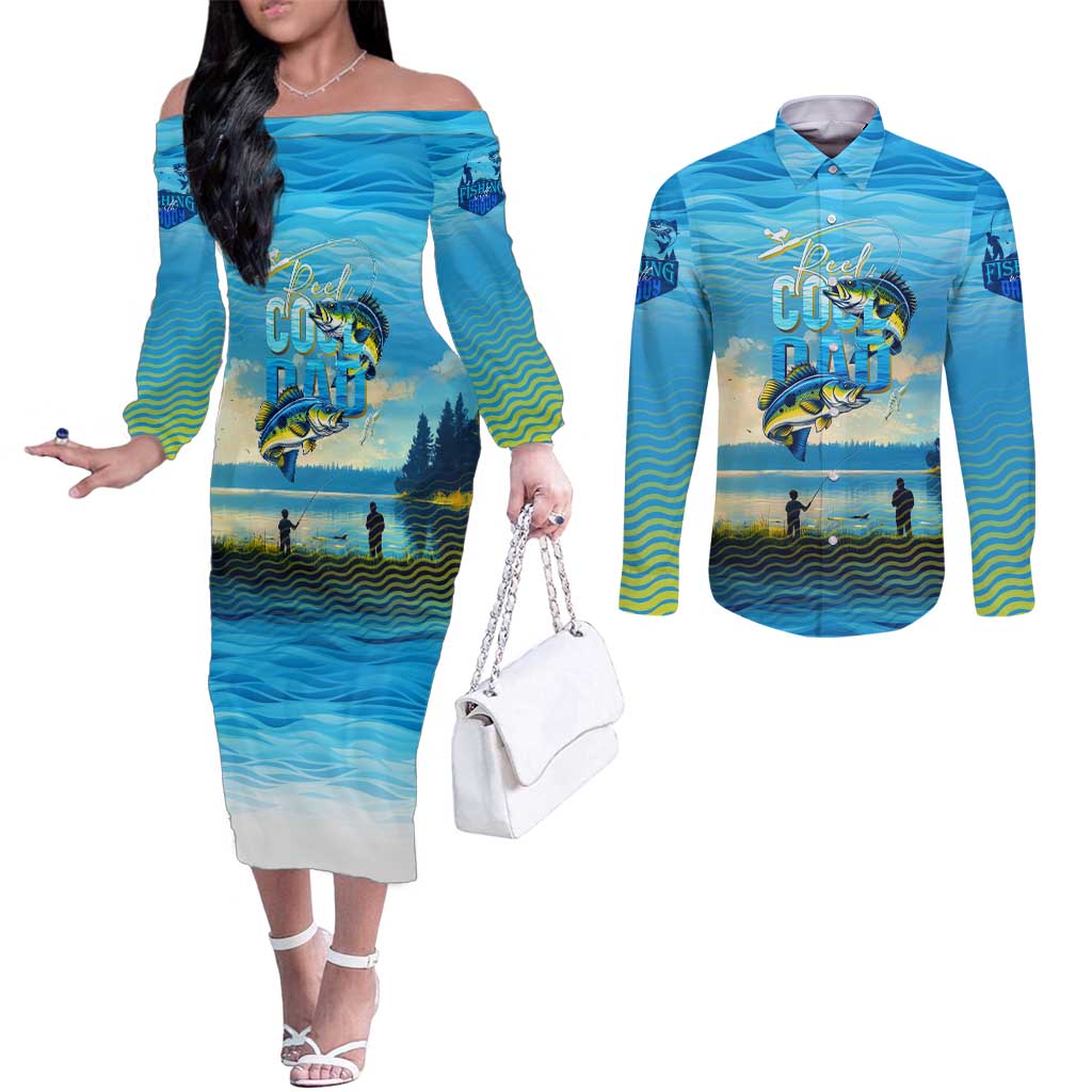 Reel Cool Dad Fishing Couples Matching Off The Shoulder Long Sleeve Dress and Long Sleeve Button Shirt Father Hooked on Love and Lakeside Moments