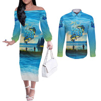 Reel Cool Dad Fishing Couples Matching Off The Shoulder Long Sleeve Dress and Long Sleeve Button Shirt Father Hooked on Love and Lakeside Moments