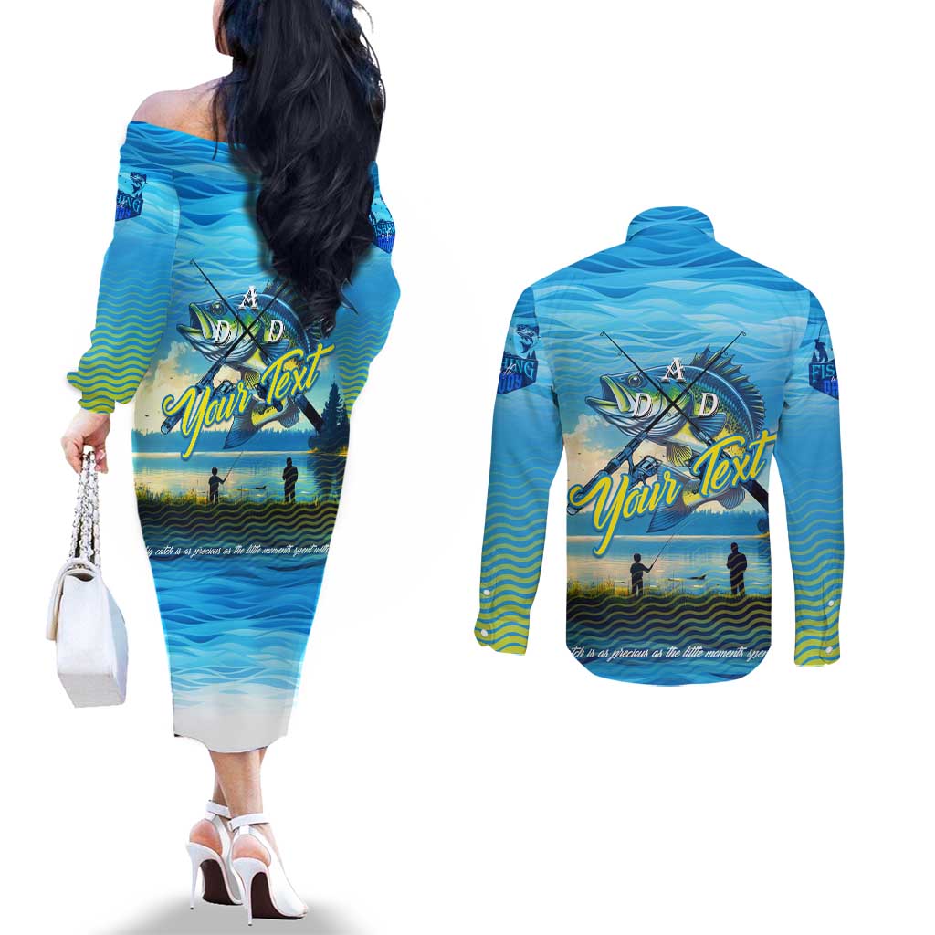Reel Cool Dad Fishing Couples Matching Off The Shoulder Long Sleeve Dress and Long Sleeve Button Shirt Father Hooked on Love and Lakeside Moments