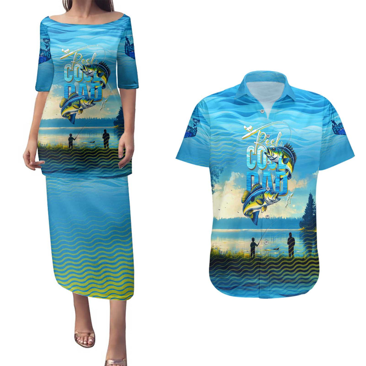 Reel Cool Dad Fishing Couples Matching Puletasi and Hawaiian Shirt Father Hooked on Love and Lakeside Moments