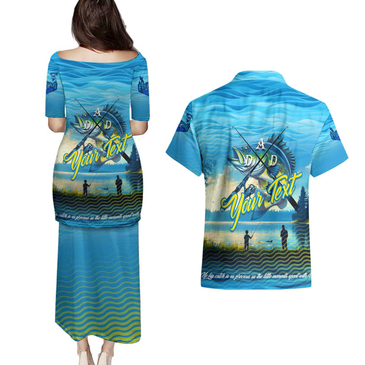 Reel Cool Dad Fishing Couples Matching Puletasi and Hawaiian Shirt Father Hooked on Love and Lakeside Moments