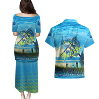 Reel Cool Dad Fishing Couples Matching Puletasi and Hawaiian Shirt Father Hooked on Love and Lakeside Moments