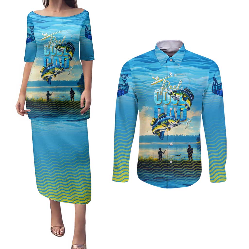 Reel Cool Dad Fishing Couples Matching Puletasi and Long Sleeve Button Shirt Father Hooked on Love and Lakeside Moments
