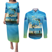 Reel Cool Dad Fishing Couples Matching Puletasi and Long Sleeve Button Shirt Father Hooked on Love and Lakeside Moments