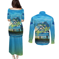 Reel Cool Dad Fishing Couples Matching Puletasi and Long Sleeve Button Shirt Father Hooked on Love and Lakeside Moments