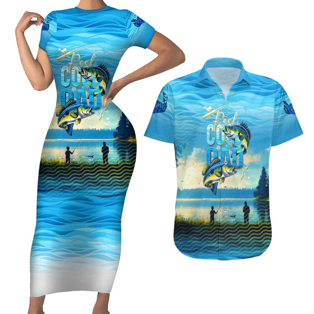 Reel Cool Dad Fishing Couples Matching Short Sleeve Bodycon Dress and Hawaiian Shirt Father Hooked on Love and Lakeside Moments