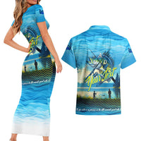 Reel Cool Dad Fishing Couples Matching Short Sleeve Bodycon Dress and Hawaiian Shirt Father Hooked on Love and Lakeside Moments