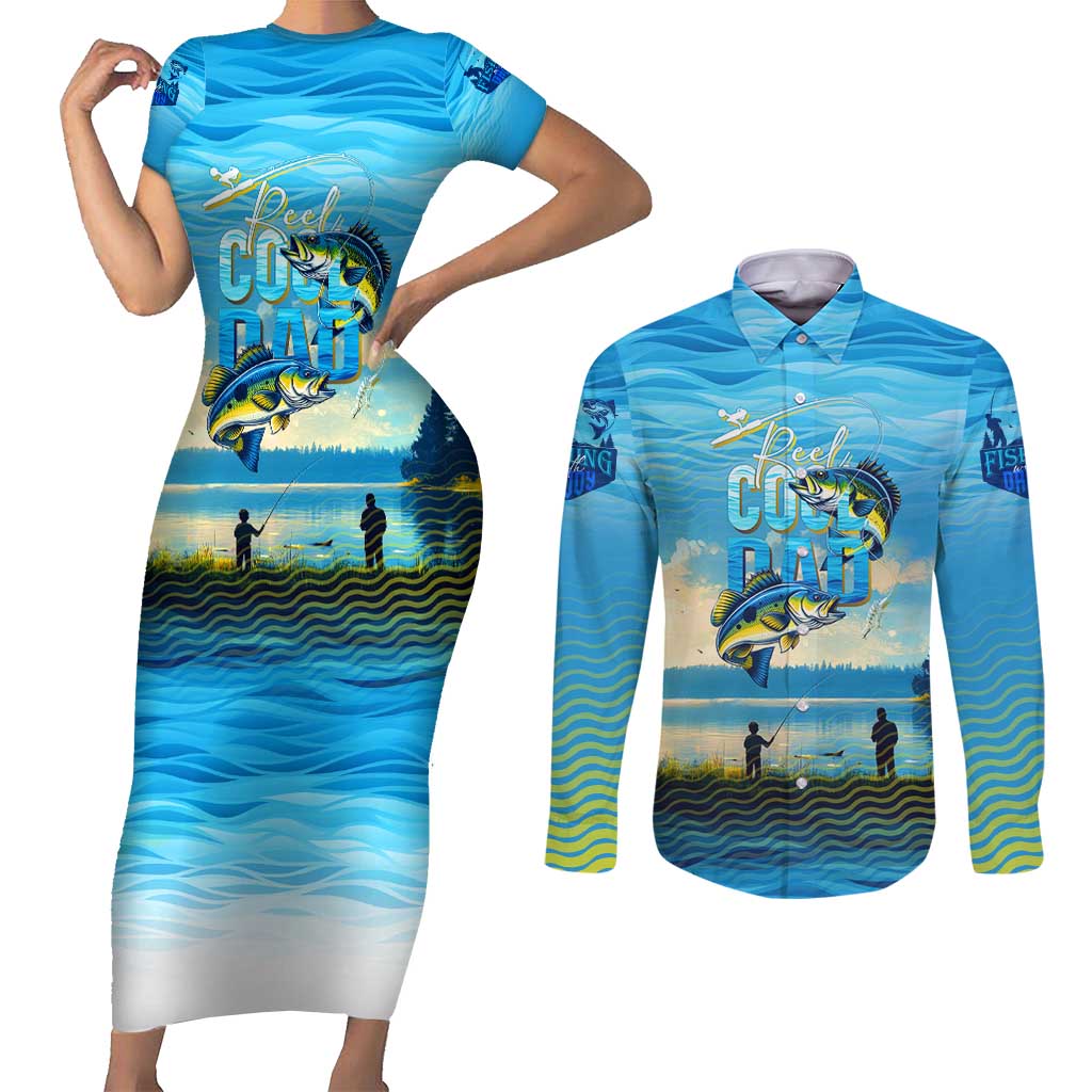 Reel Cool Dad Fishing Couples Matching Short Sleeve Bodycon Dress and Long Sleeve Button Shirt Father Hooked on Love and Lakeside Moments