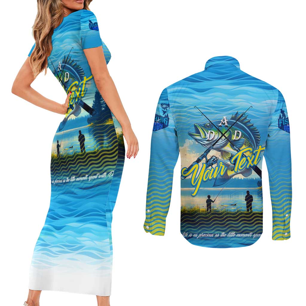 Reel Cool Dad Fishing Couples Matching Short Sleeve Bodycon Dress and Long Sleeve Button Shirt Father Hooked on Love and Lakeside Moments