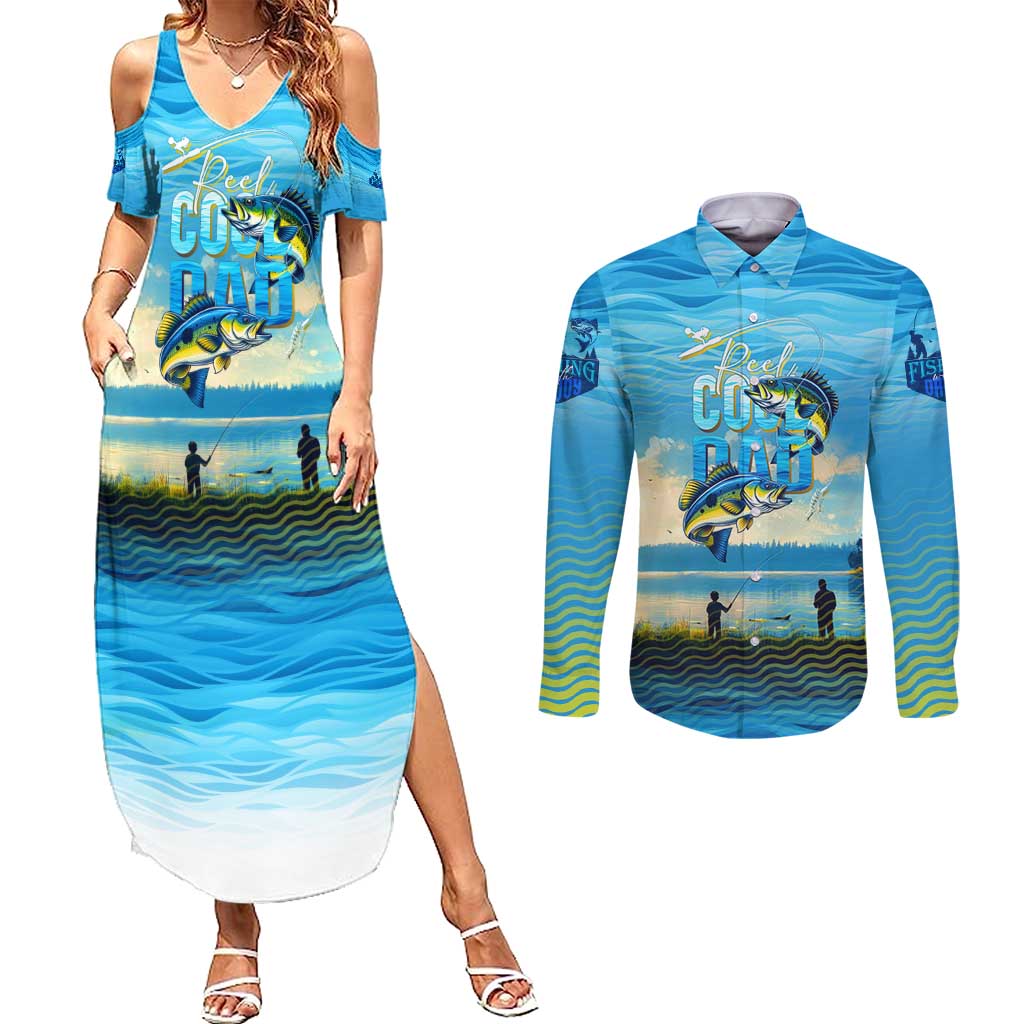 Reel Cool Dad Fishing Couples Matching Summer Maxi Dress and Long Sleeve Button Shirt Father Hooked on Love and Lakeside Moments