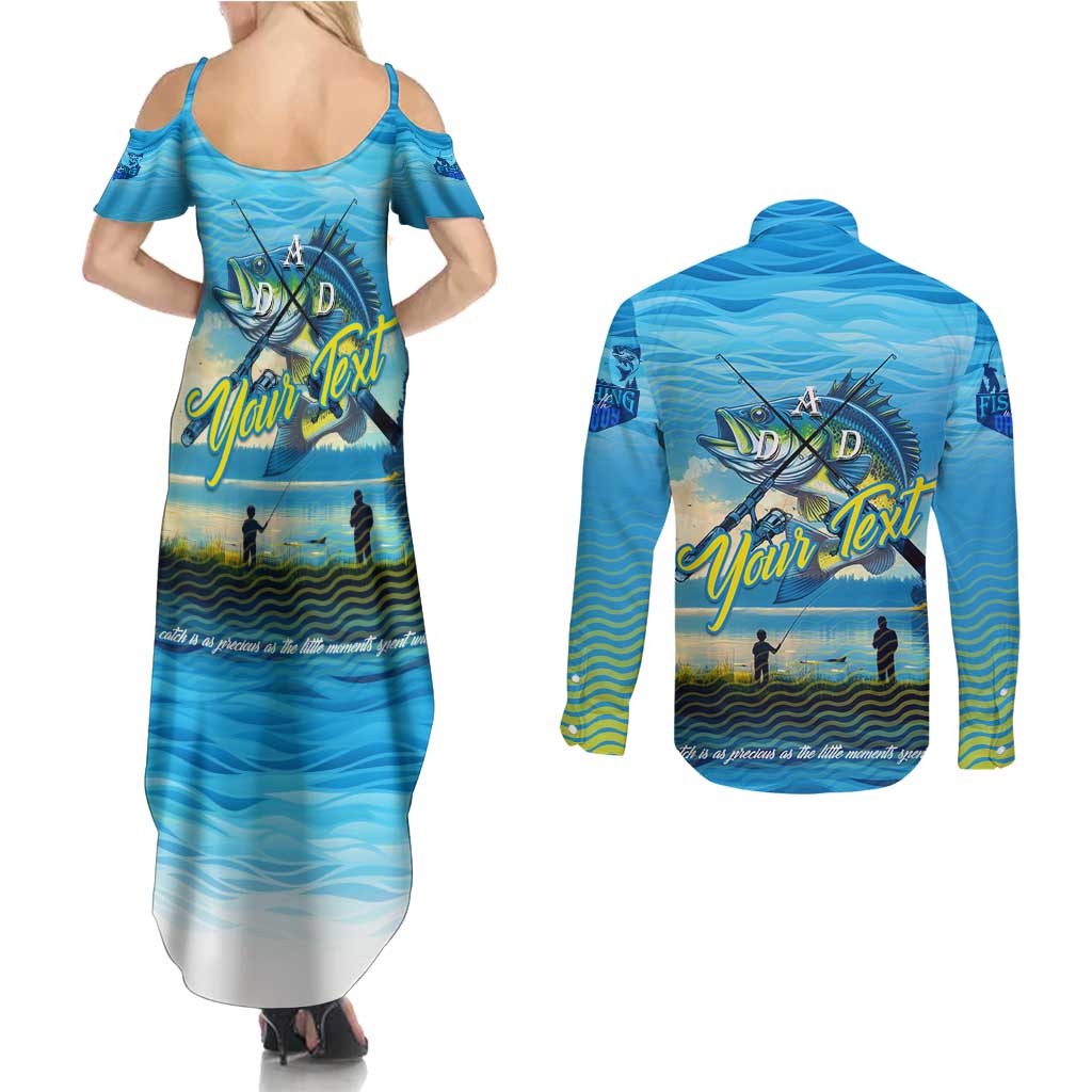 Reel Cool Dad Fishing Couples Matching Summer Maxi Dress and Long Sleeve Button Shirt Father Hooked on Love and Lakeside Moments