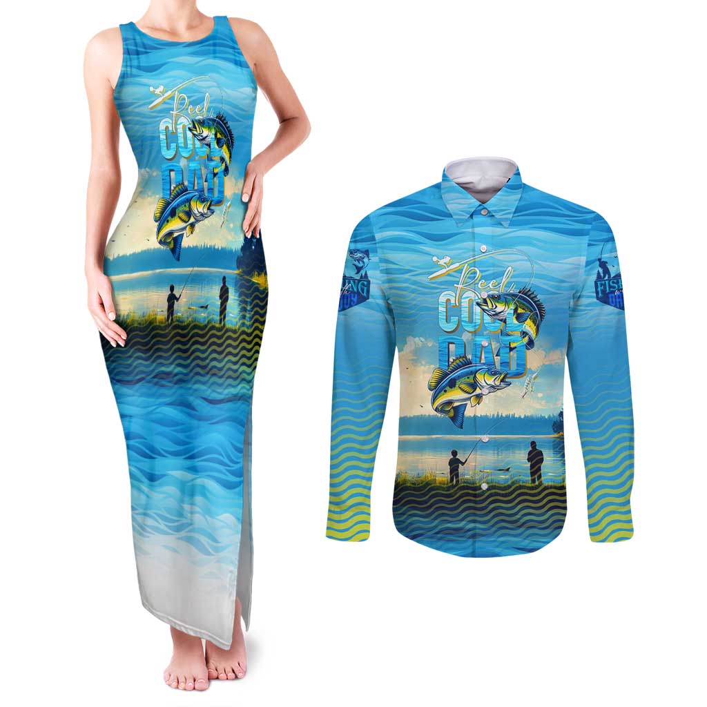 Reel Cool Dad Fishing Couples Matching Tank Maxi Dress and Long Sleeve Button Shirt Father Hooked on Love and Lakeside Moments