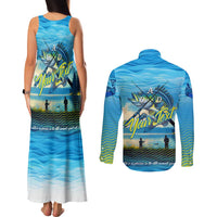 Reel Cool Dad Fishing Couples Matching Tank Maxi Dress and Long Sleeve Button Shirt Father Hooked on Love and Lakeside Moments