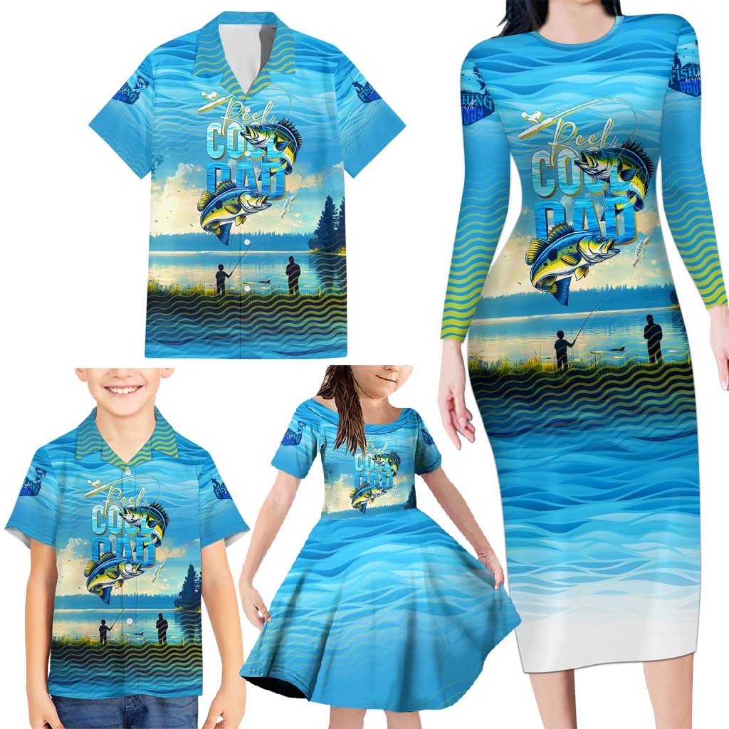 Reel Cool Dad Fishing Family Matching Long Sleeve Bodycon Dress and Hawaiian Shirt Father Hooked on Love and Lakeside Moments