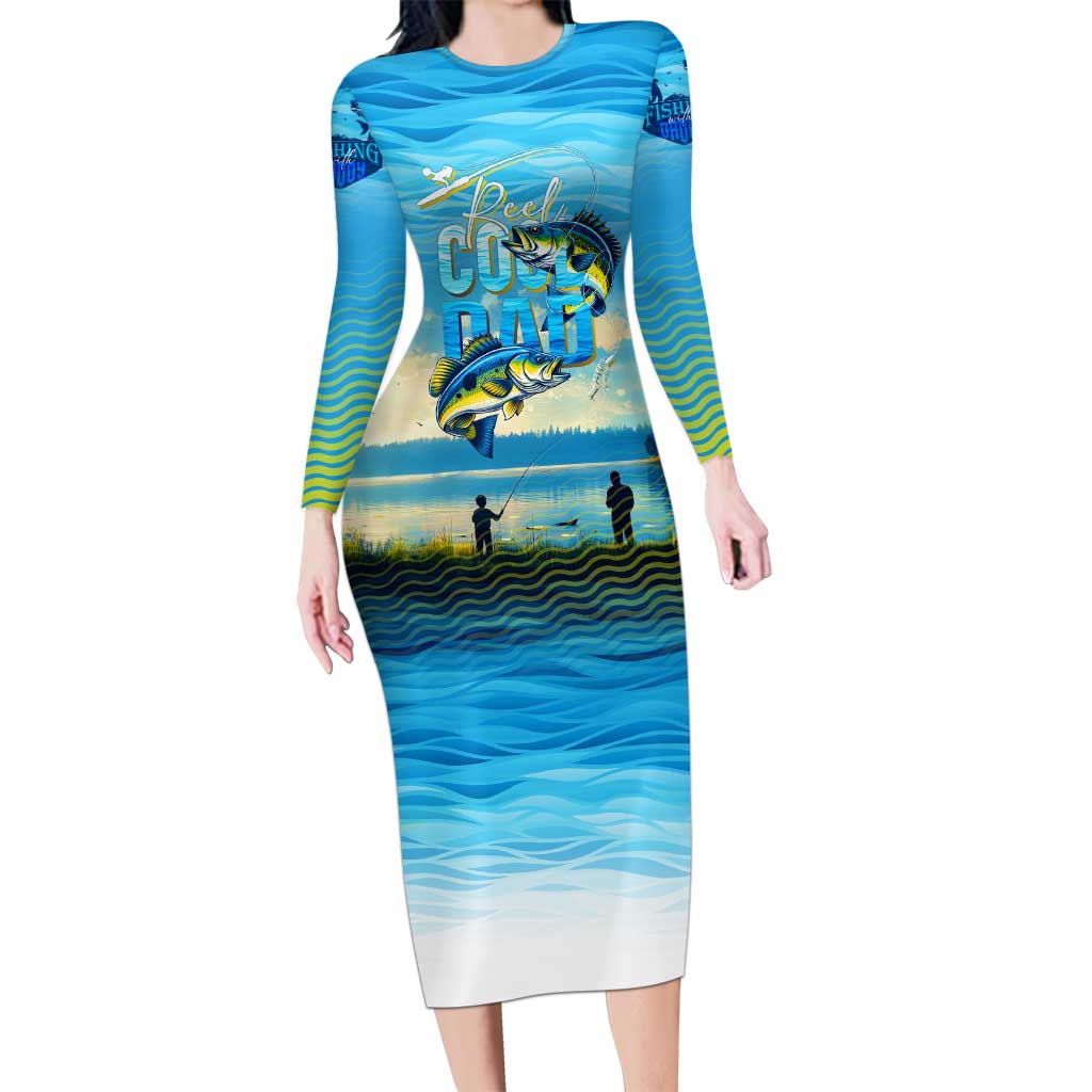 Reel Cool Dad Fishing Family Matching Long Sleeve Bodycon Dress and Hawaiian Shirt Father Hooked on Love and Lakeside Moments