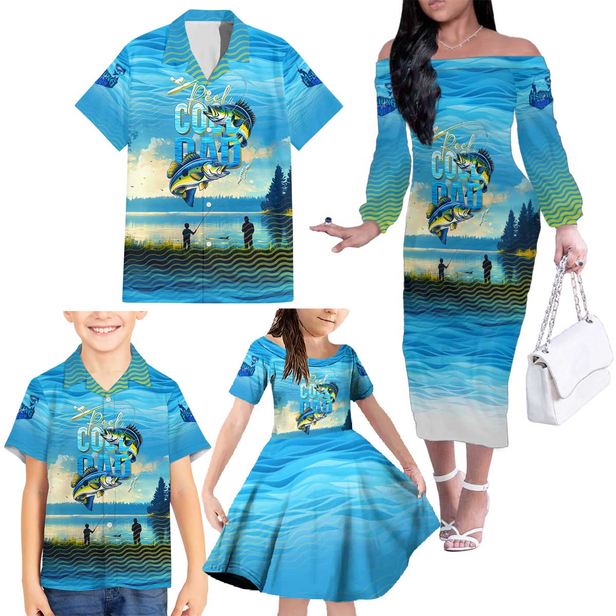 Reel Cool Dad Fishing Family Matching Off The Shoulder Long Sleeve Dress and Hawaiian Shirt Father Hooked on Love and Lakeside Moments