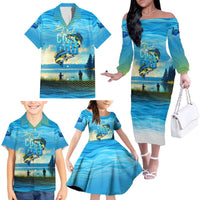 Reel Cool Dad Fishing Family Matching Off The Shoulder Long Sleeve Dress and Hawaiian Shirt Father Hooked on Love and Lakeside Moments