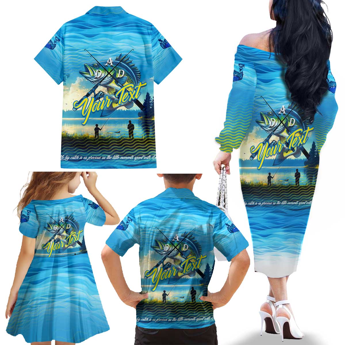Reel Cool Dad Fishing Family Matching Off The Shoulder Long Sleeve Dress and Hawaiian Shirt Father Hooked on Love and Lakeside Moments