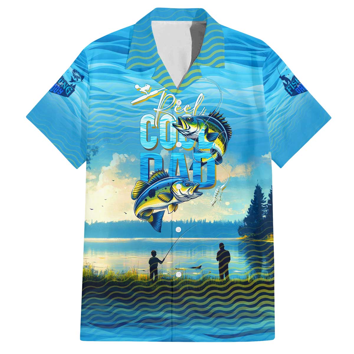 Reel Cool Dad Fishing Family Matching Off The Shoulder Long Sleeve Dress and Hawaiian Shirt Father Hooked on Love and Lakeside Moments