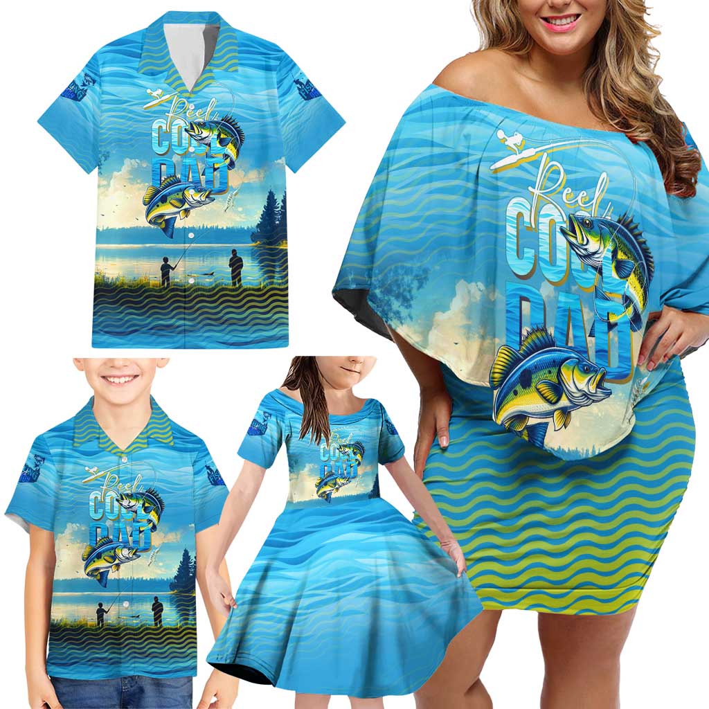 Reel Cool Dad Fishing Family Matching Off Shoulder Short Dress and Hawaiian Shirt Father Hooked on Love and Lakeside Moments