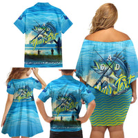 Reel Cool Dad Fishing Family Matching Off Shoulder Short Dress and Hawaiian Shirt Father Hooked on Love and Lakeside Moments