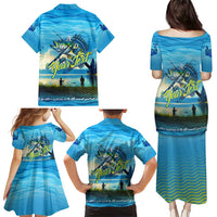 Reel Cool Dad Fishing Family Matching Puletasi and Hawaiian Shirt Father Hooked on Love and Lakeside Moments