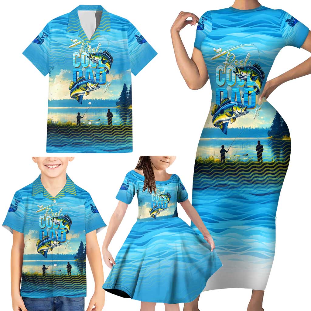 Reel Cool Dad Fishing Family Matching Short Sleeve Bodycon Dress and Hawaiian Shirt Father Hooked on Love and Lakeside Moments