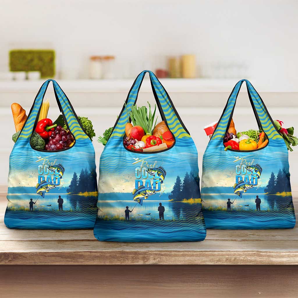 Reel Cool Dad Fishing Grocery Bag Father Hooked on Love and Lakeside Moments