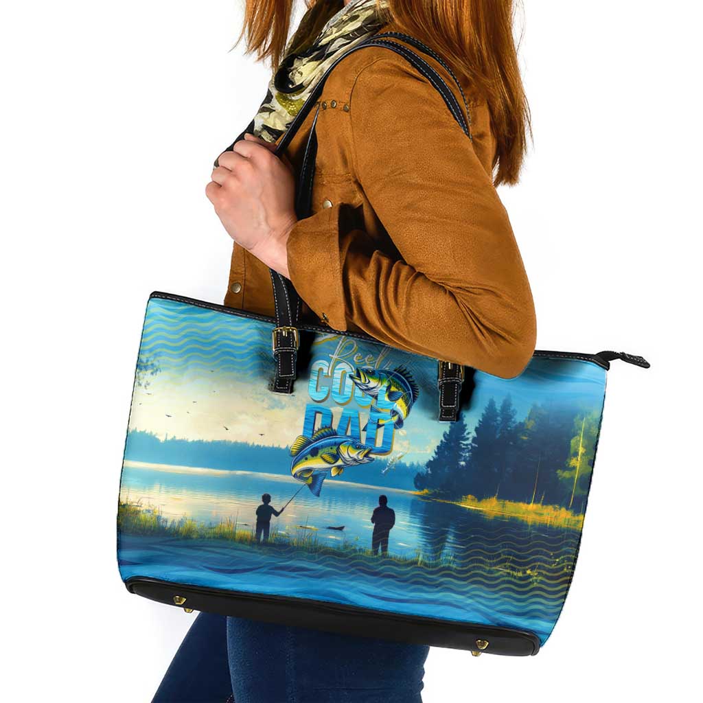 Reel Cool Dad Fishing Leather Tote Bag Father Hooked on Love and Lakeside Moments