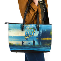 Reel Cool Dad Fishing Leather Tote Bag Father Hooked on Love and Lakeside Moments