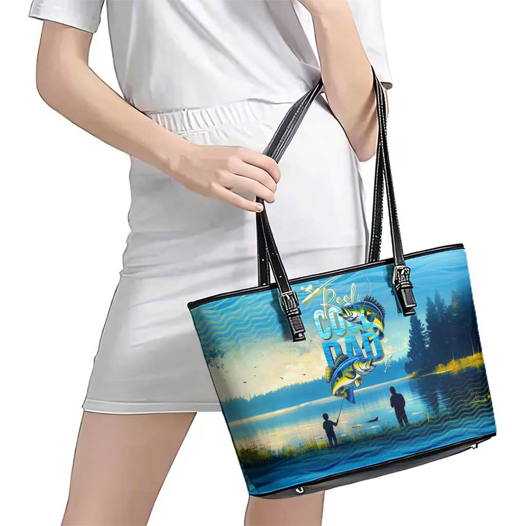 Reel Cool Dad Fishing Leather Tote Bag Father Hooked on Love and Lakeside Moments