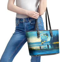 Reel Cool Dad Fishing Leather Tote Bag Father Hooked on Love and Lakeside Moments