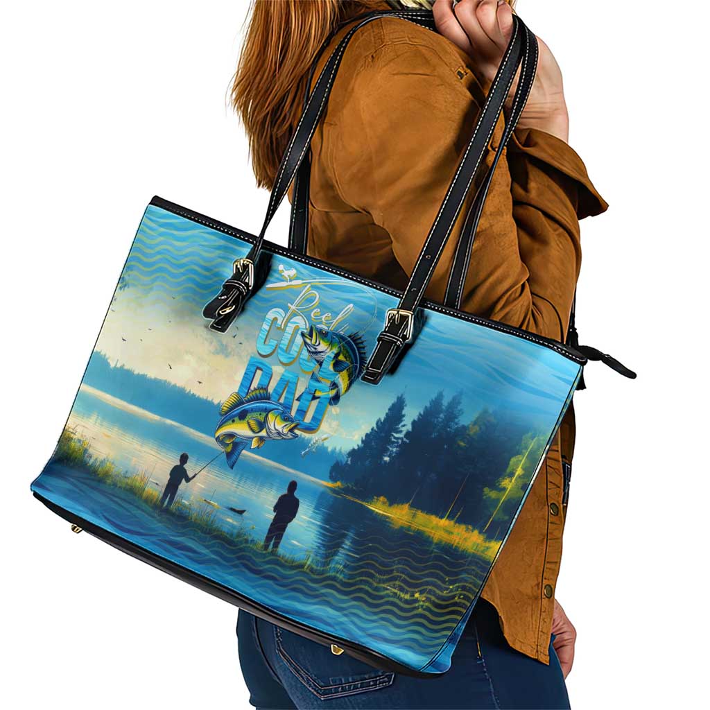 Reel Cool Dad Fishing Leather Tote Bag Father Hooked on Love and Lakeside Moments