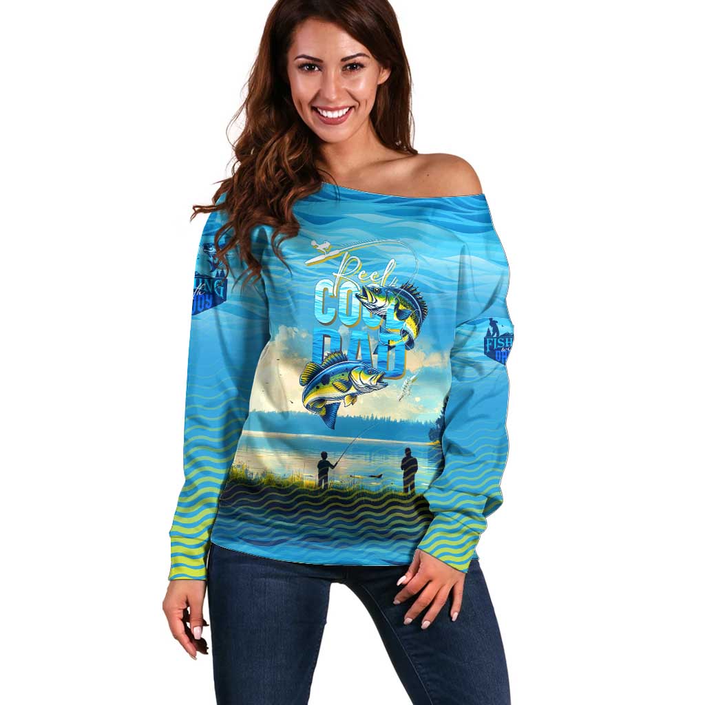 Reel Cool Dad Fishing Off Shoulder Sweater Father Hooked on Love and Lakeside Moments