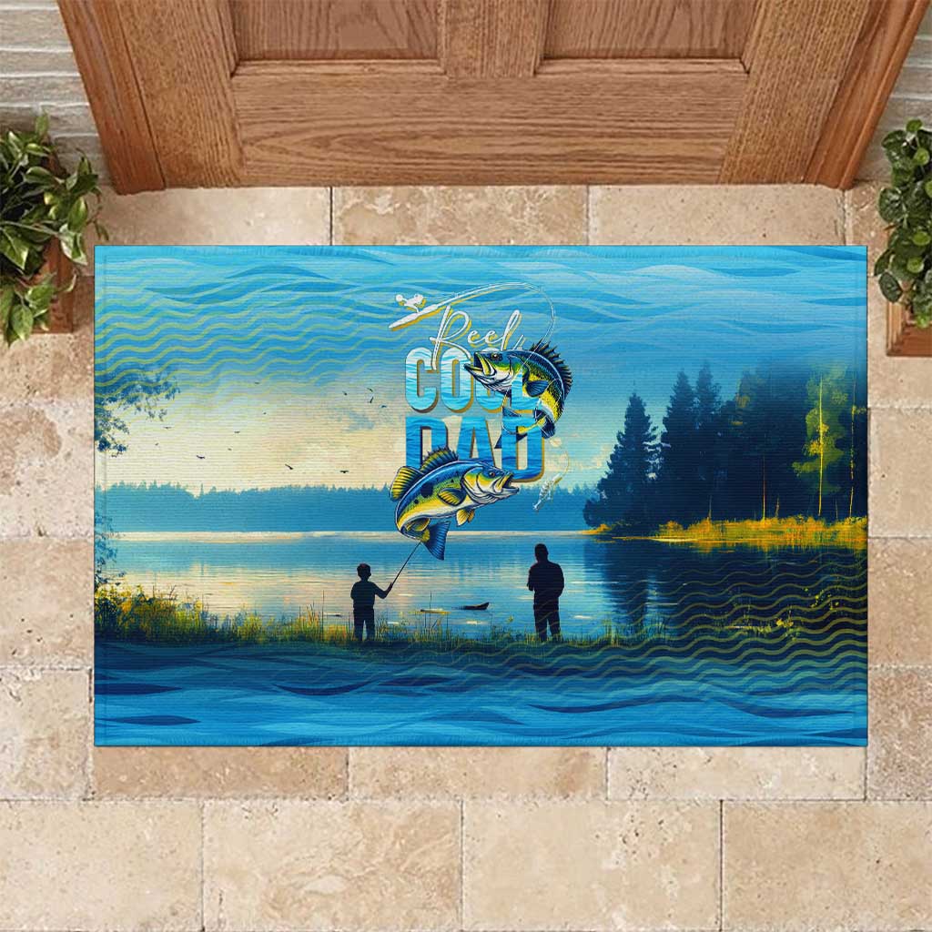 Reel Cool Dad Fishing Rubber Doormat Father Hooked on Love and Lakeside Moments