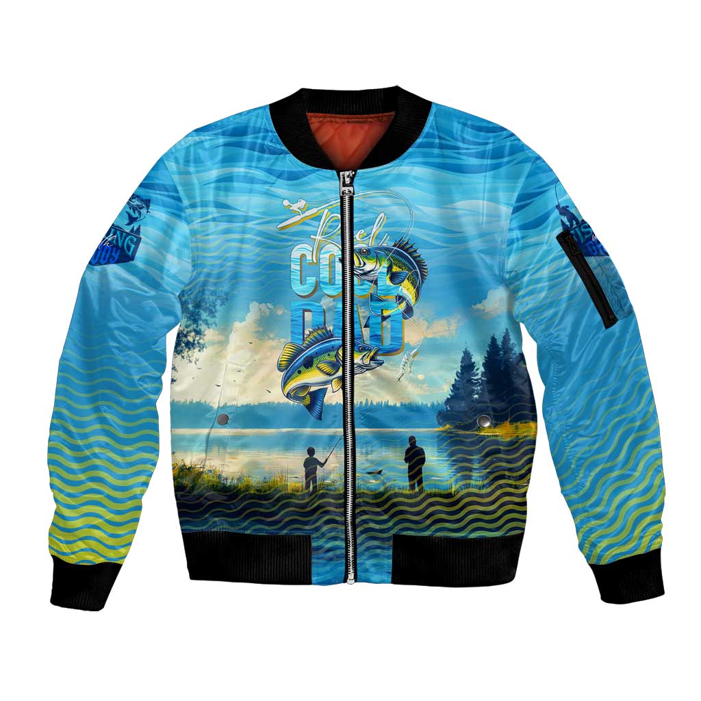 Reel Cool Dad Fishing Sleeve Zip Bomber Jacket Father Hooked on Love and Lakeside Moments