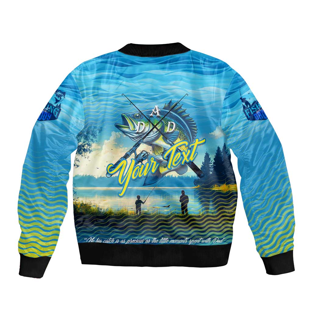 Reel Cool Dad Fishing Sleeve Zip Bomber Jacket Father Hooked on Love and Lakeside Moments