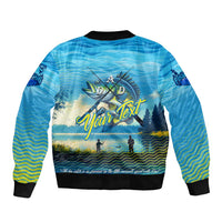 Reel Cool Dad Fishing Sleeve Zip Bomber Jacket Father Hooked on Love and Lakeside Moments